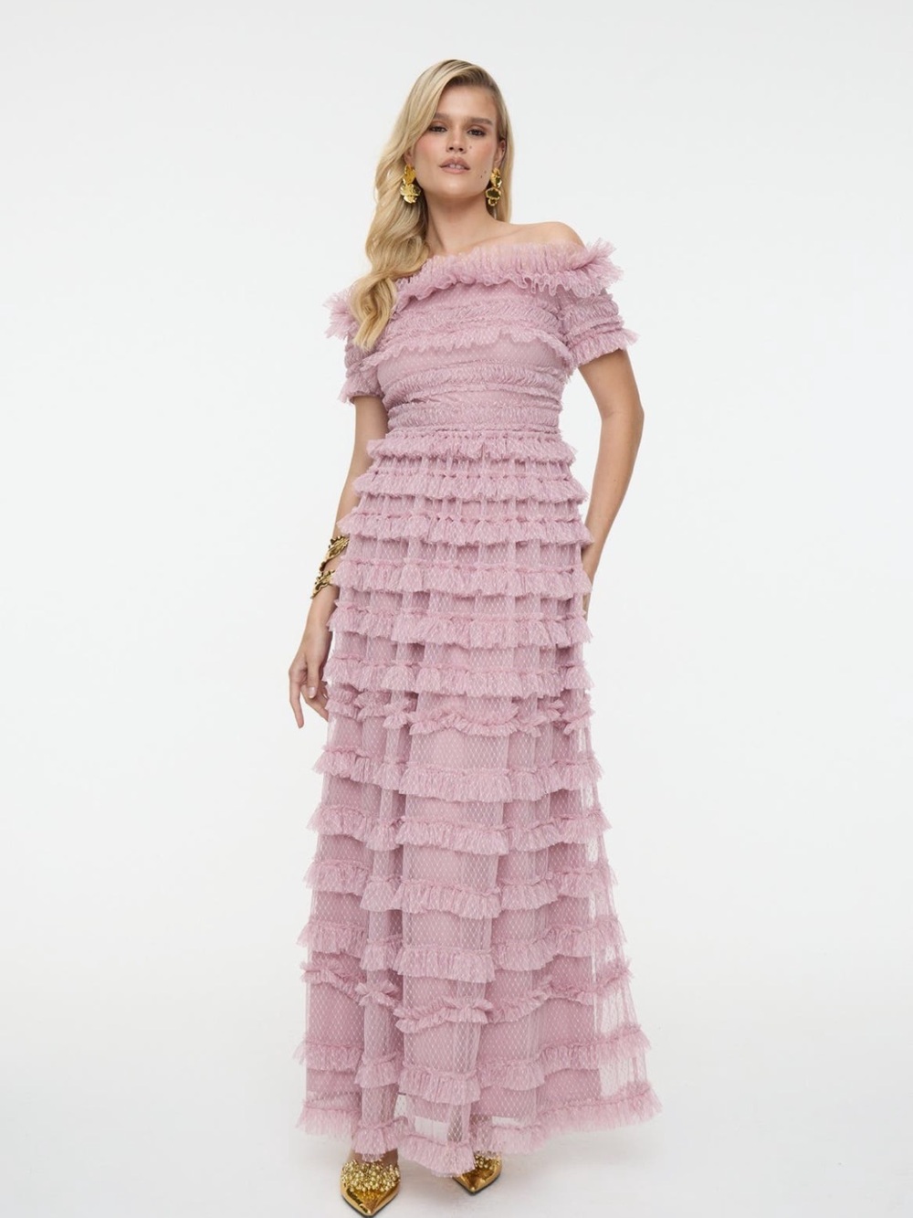 Smocked One-Shoulder Ruffle Tiered Maxi Dress in Dusty Pink